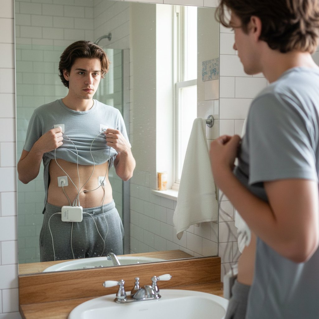 Młoda osoba montująca elektrody holtera EKG przed lustrem