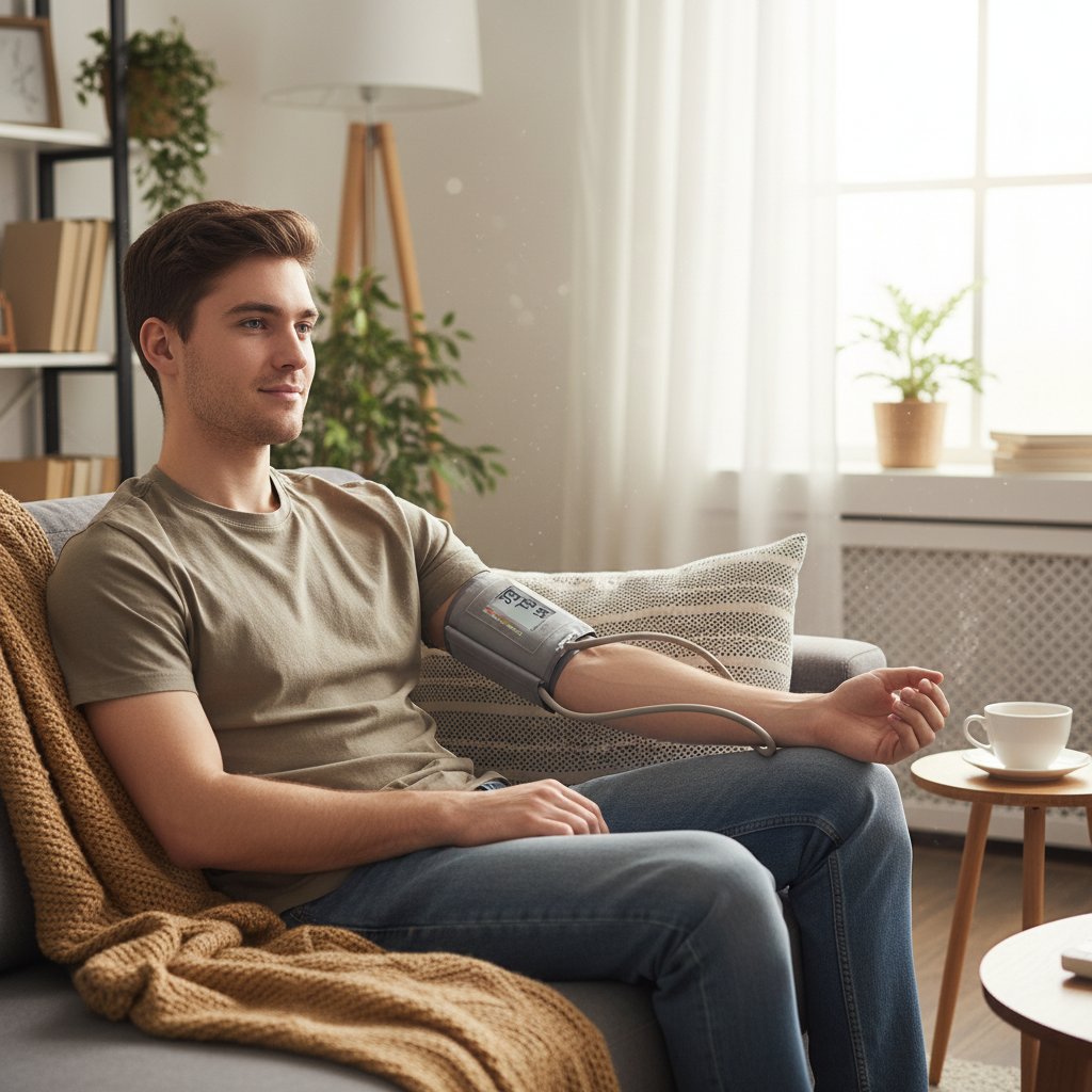 Młoda osoba w domowym otoczeniu mierząca ciśnienie, spokojna atmosfera, ciśnieniomierz i notes