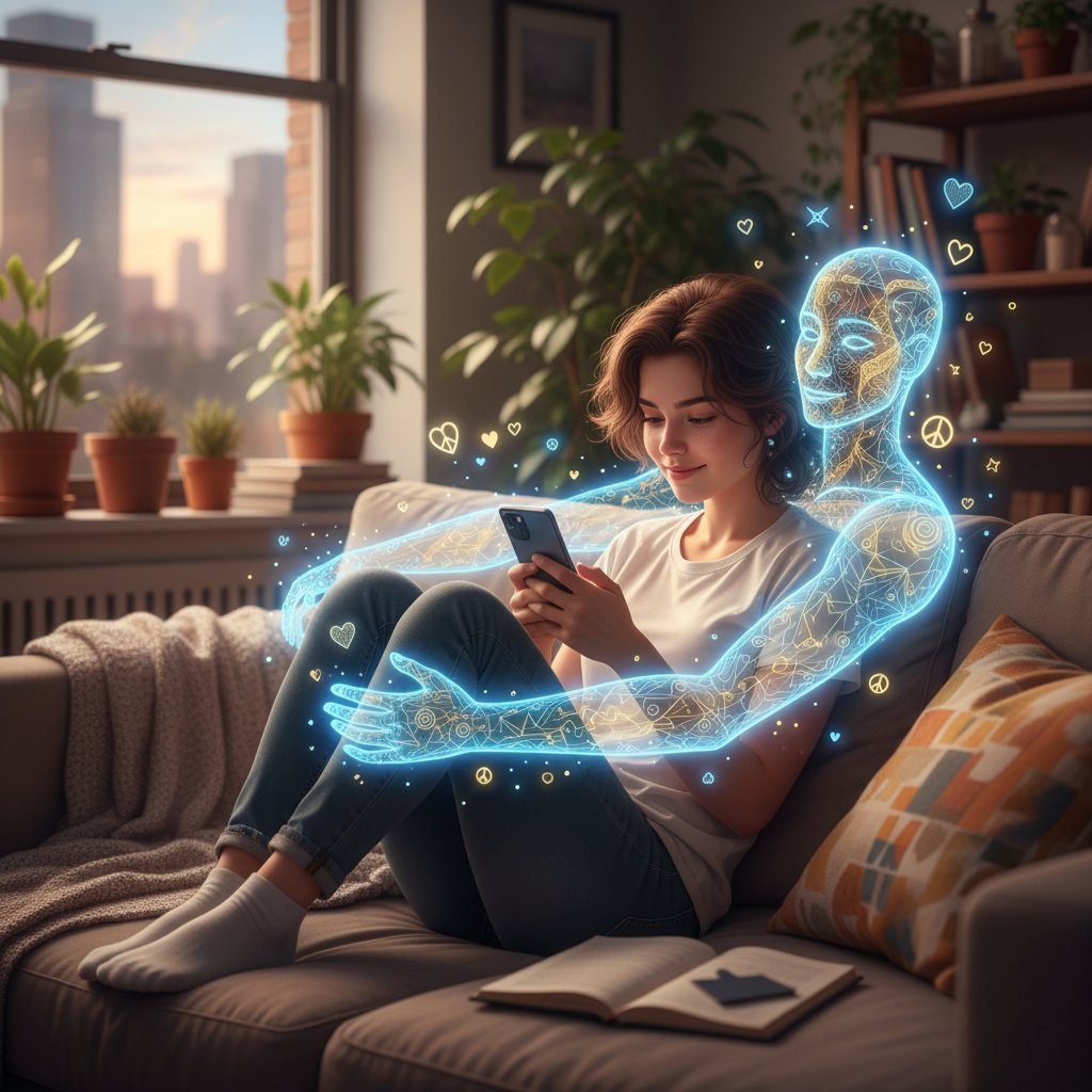 Młoda osoba używająca telefonu z aplikacją AI do wsparcia emocjonalnego w domu