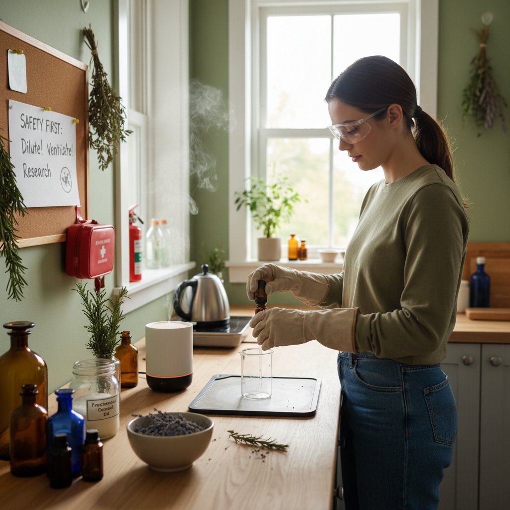 Młoda osoba przygotowująca domową mieszankę aromaterapeutyczną z zachowaniem ostrożności