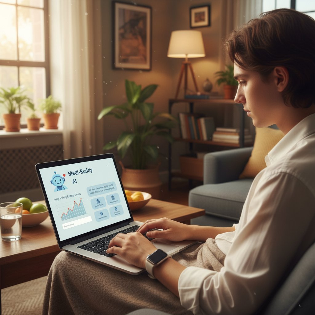 Zdjęcie młodego użytkownika korzystającego z medyk.ai na laptopie w domu, edukacja zdrowotna