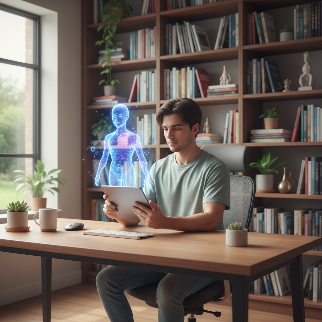 Junge Person im gemütlichen Home Office, chattet lächelnd mit KI-Begleiterin auf Tablet, Bücherregal im Hintergrund