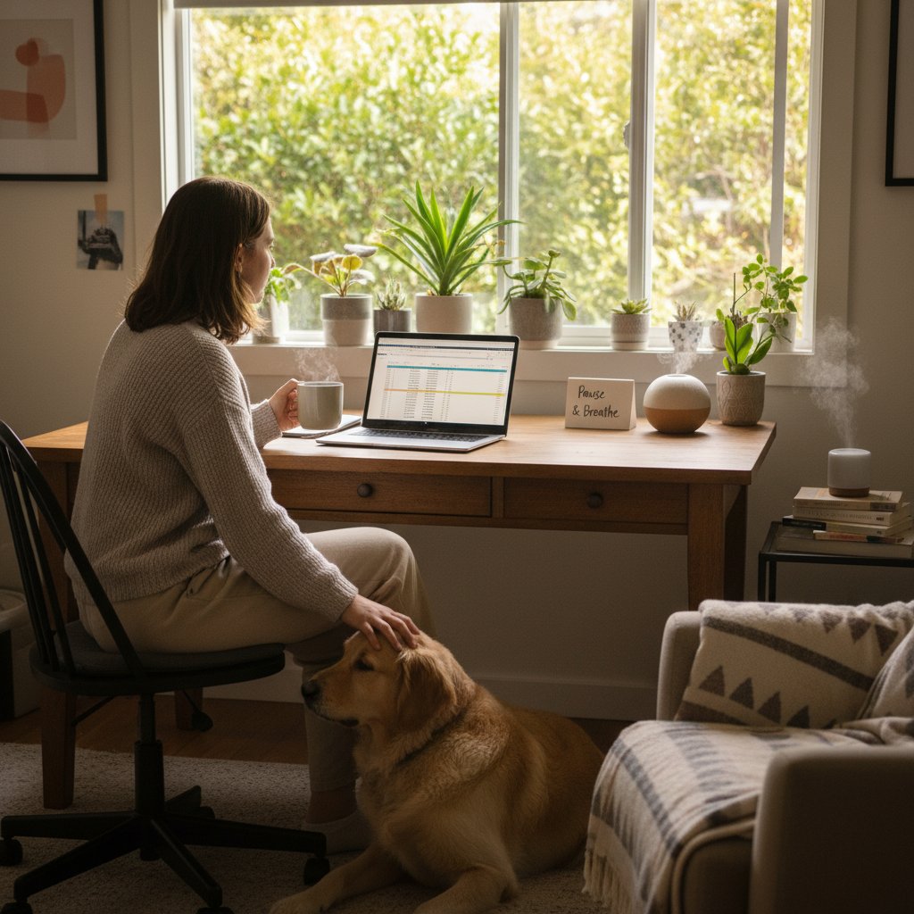 Młoda osoba pracująca przy komputerze w domu, balans między pracą a zdrowiem psychicznym