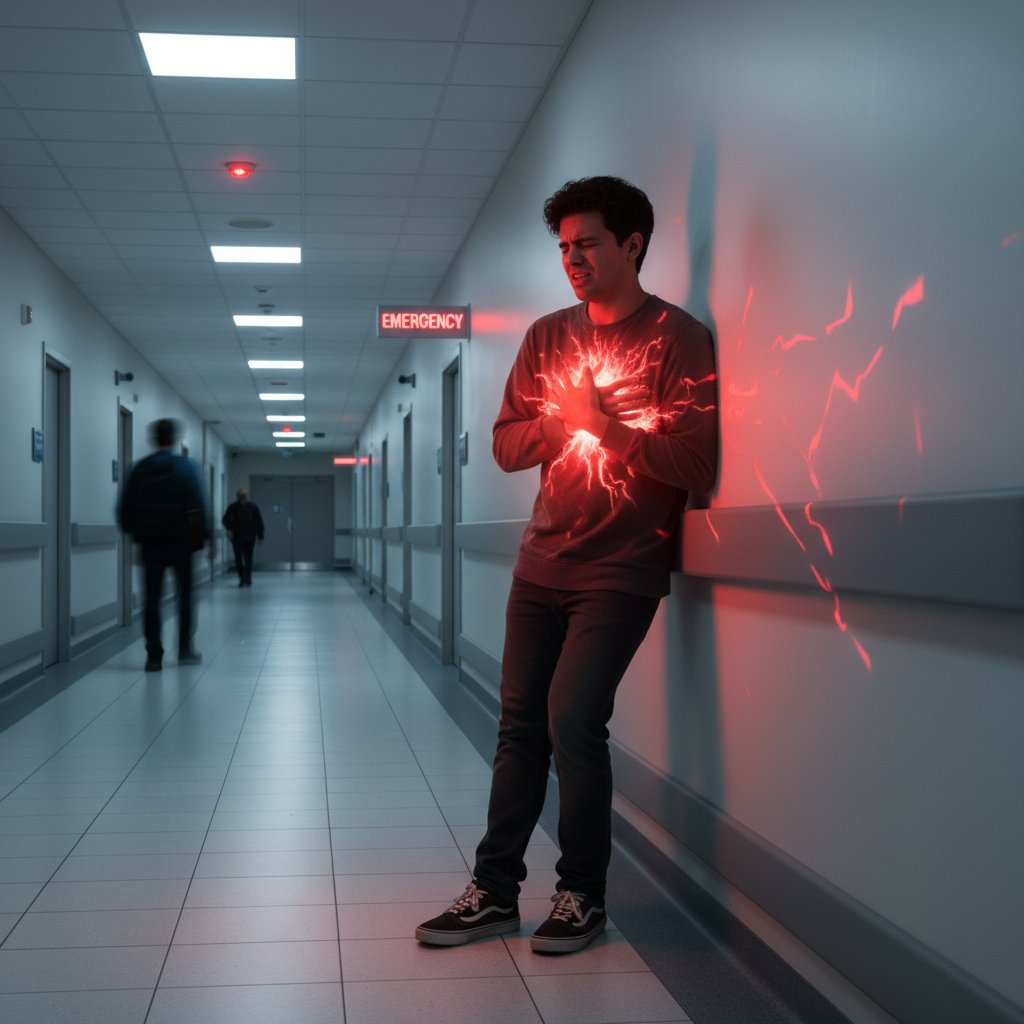 Zdjęcie młodej osoby trzymającej się za klatkę piersiową na szpitalnym korytarzu, symbolizujące niepokój i ból – kluczowe objawy zapalenia osierdzia