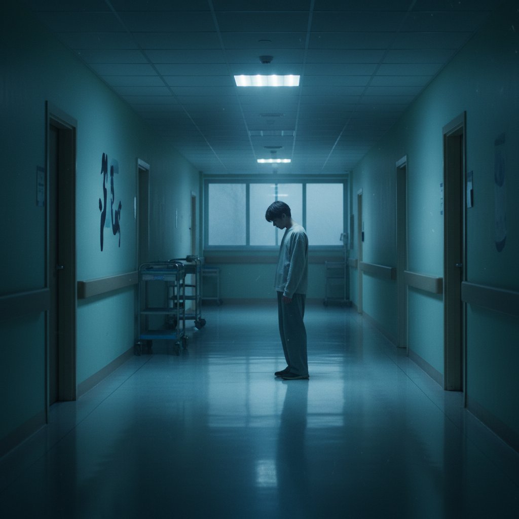 Młoda osoba zamyślona w szpitalnym korytarzu, temat sarkoidoza, szpitalne światło, chłodna kolorystyka