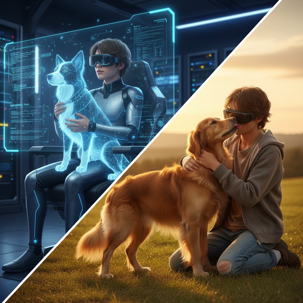 Młoda osoba przytulająca ekran z wirtualnym psem, a obok prawdziwy pies patrzący z ciekawością – kontrast rzeczywistości
