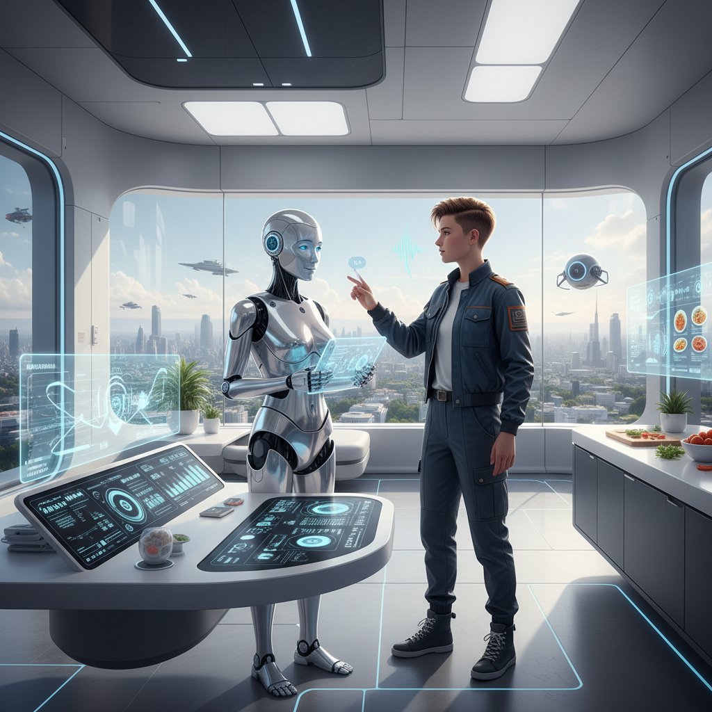 Młody człowiek rozmawiający z humanoidalnym robotem w nowoczesnym mieszkaniu. Tematyka: AI partner, przyszłość emocjonalnej sztucznej inteligencji