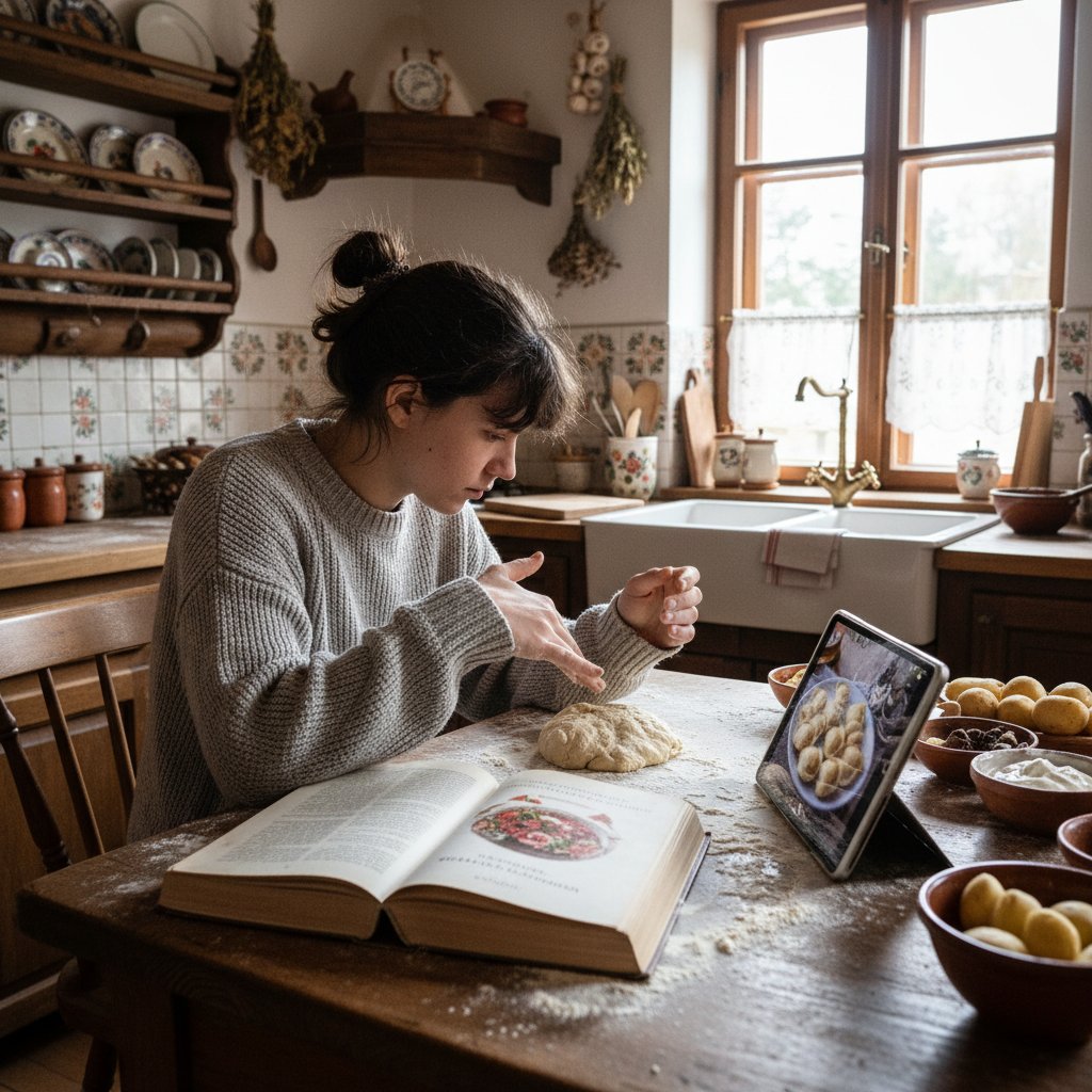 Młody człowiek ignoruje książkę kucharską i korzysta z tabletu w nowoczesnej polskiej kuchni – alternatywy dla książek kucharskich
