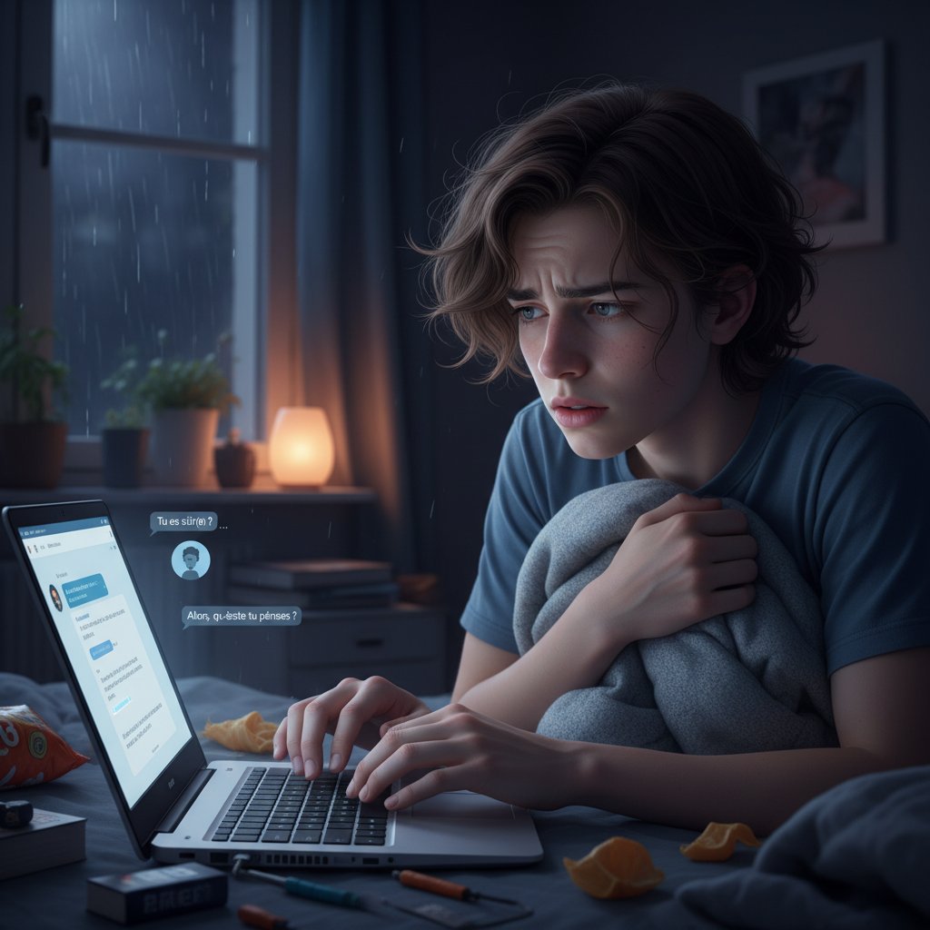 Młoda osoba z zamkniętymi ustami, niepewna siebie podczas rozmowy po francusku online