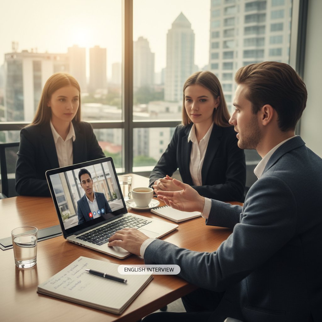 Młoda osoba podczas wideorozmowy rekrutacyjnej w języku angielskim, komputer i notatki