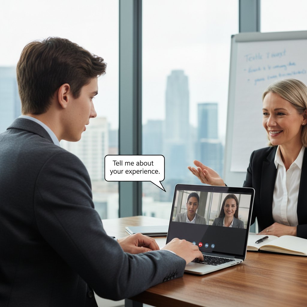 Młoda osoba podczas rozmowy kwalifikacyjnej online z rekruterem, ekran komputera, dynamiczna scena