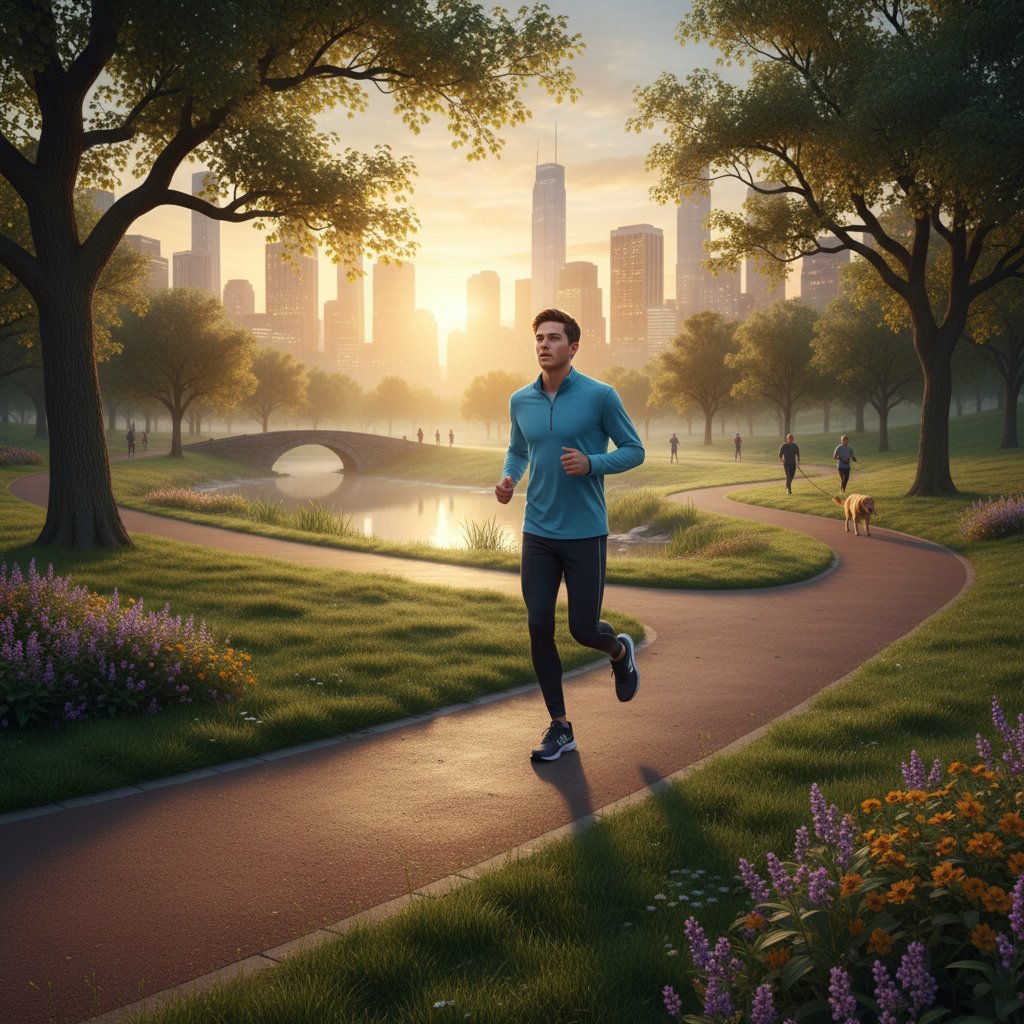 Młoda osoba biegająca o świcie w parku miejskim, zdrowy styl życia i odporność