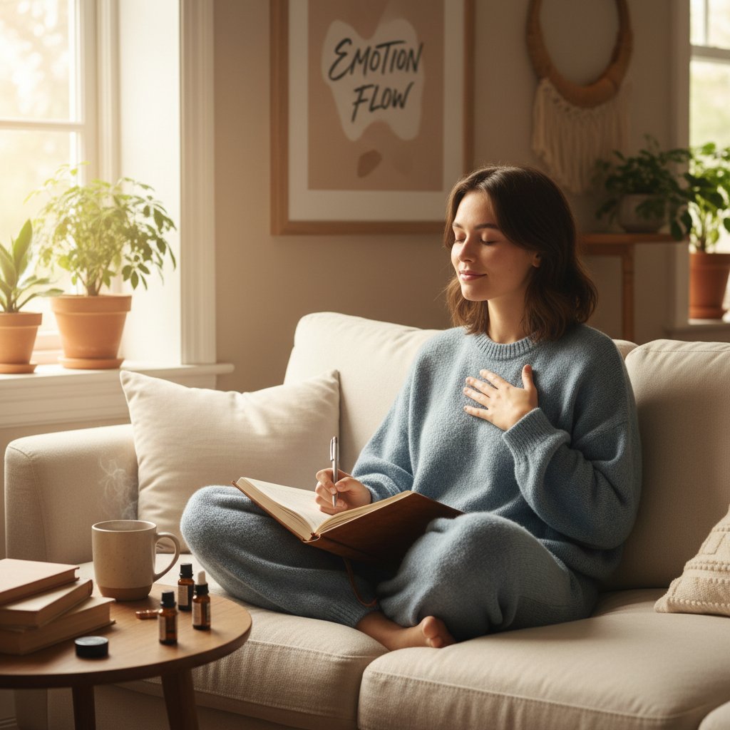 Młoda osoba notująca w dzienniku, obok kubek herbaty, spokojne wnętrze – metafora pracy nad emocjami