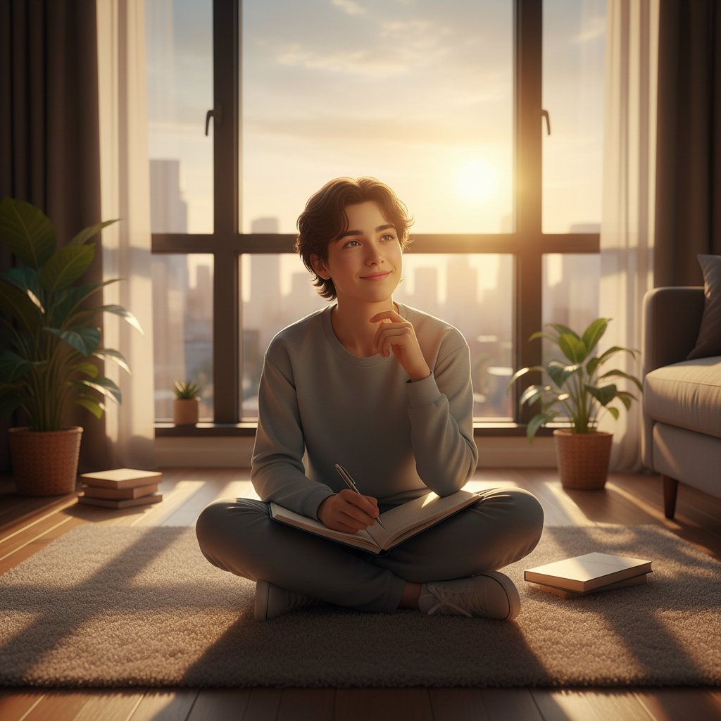 Młoda osoba pisze dziennik o wschodzie słońca, odporność psychiczna, miejskie mieszkanie