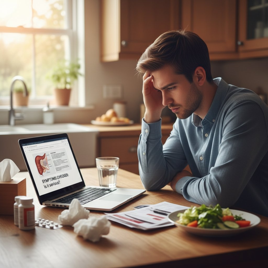 Młoda osoba siedząca przy kuchennym stole, zmartwiona, analizująca informacje na ekranie laptopa; klimat: dylemat, temat: zdrowotne wątpliwości