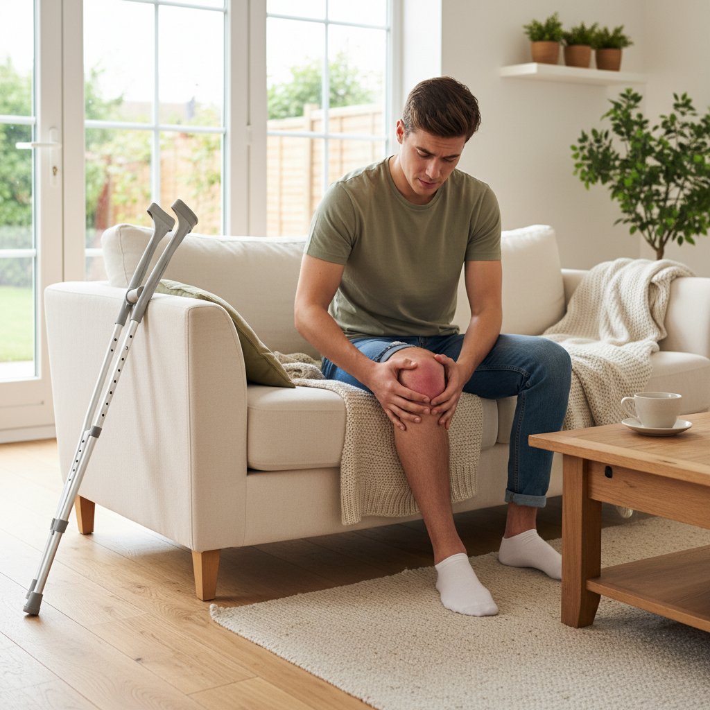 Młoda osoba wykonująca test zginania kolana, skupiona twarz, w tle wnętrze mieszkania