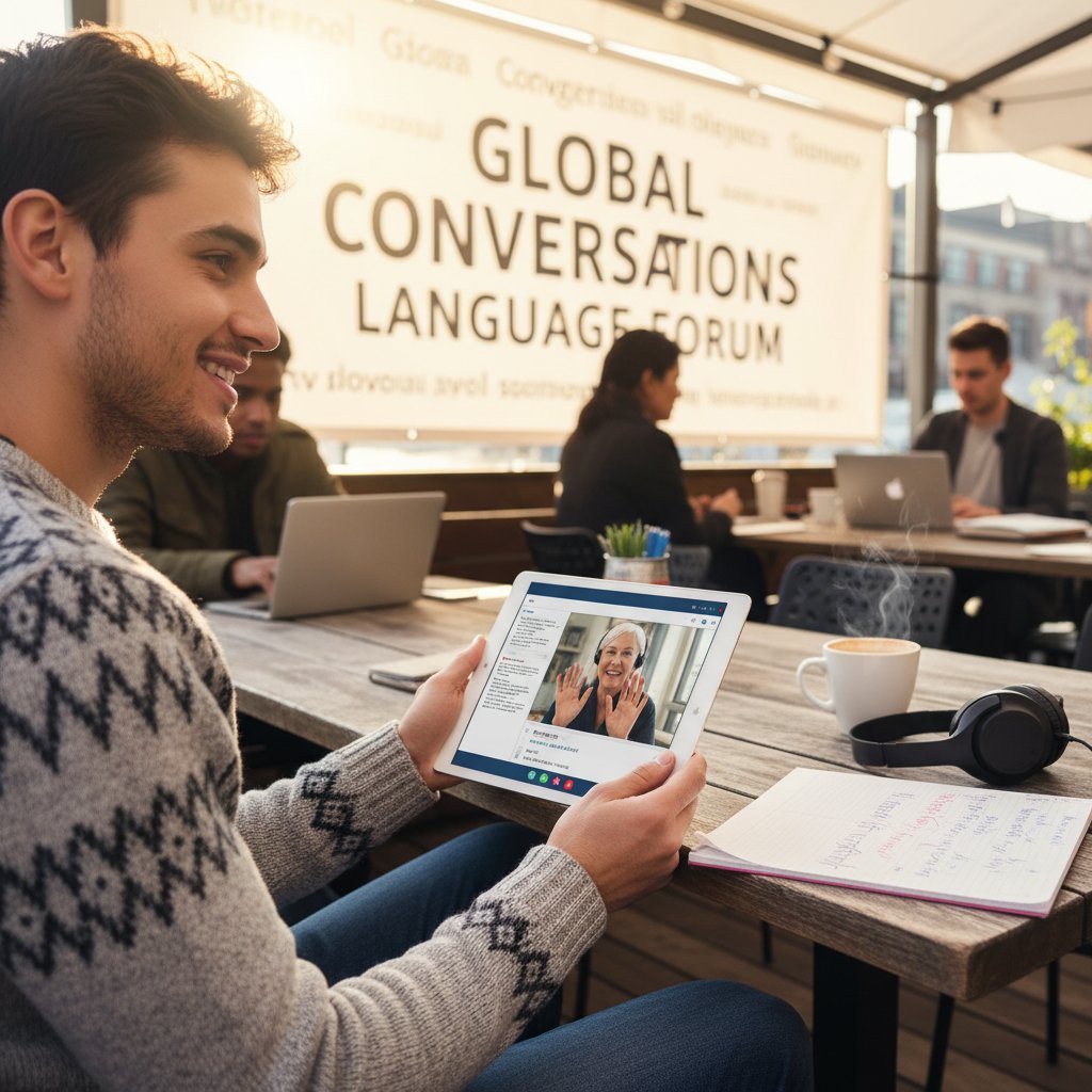 Młoda osoba korzystająca z forum językowego i konsultująca się z korepetytorem online