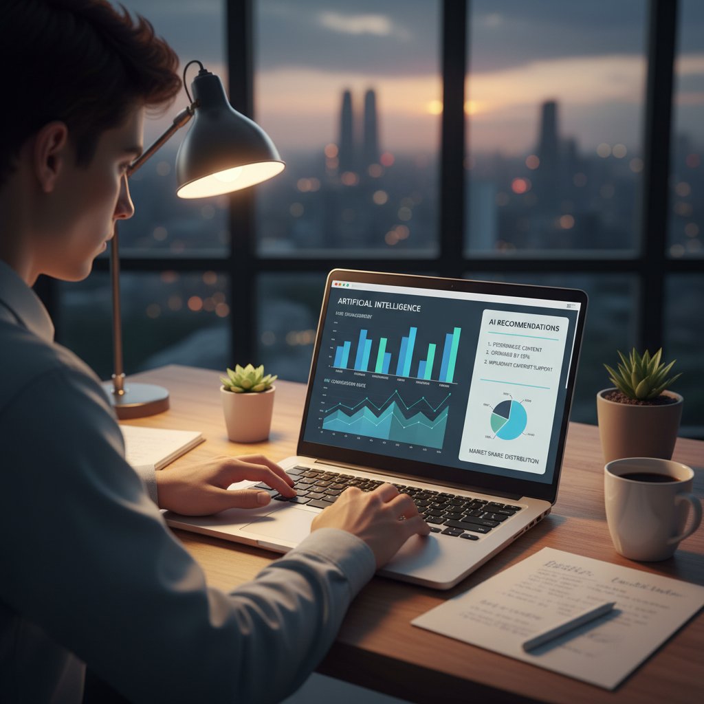 Młoda osoba korzystająca z laptopa z AI, ekran z wykresami i rekomendacjami