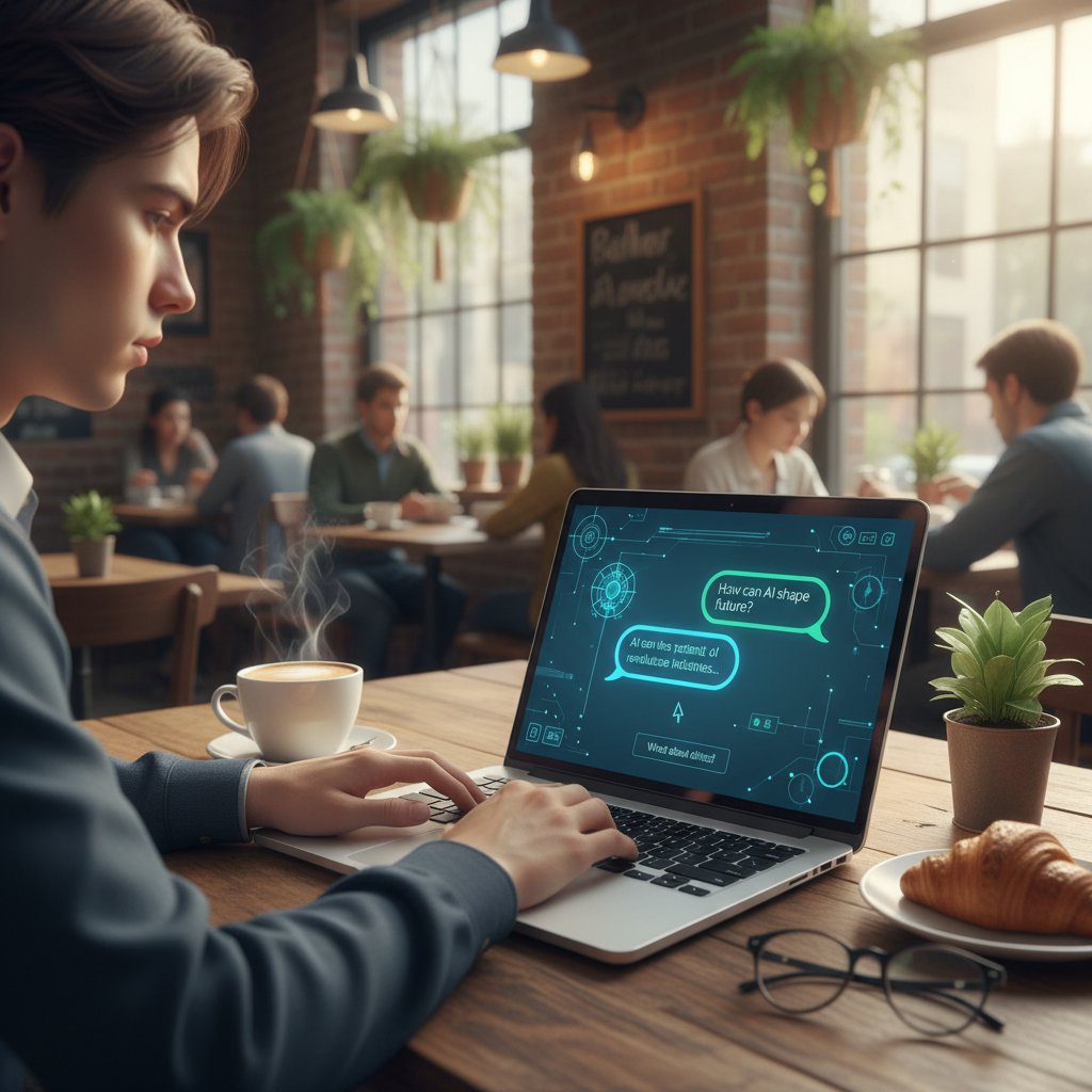 Młoda osoba rozmawiająca z AI na laptopie w kawiarni, symbol wsparcia online