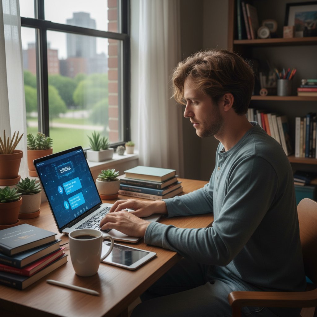 Młoda osoba korzystająca z laptopa w domowym biurze, na ekranie widoczny chatbot AI