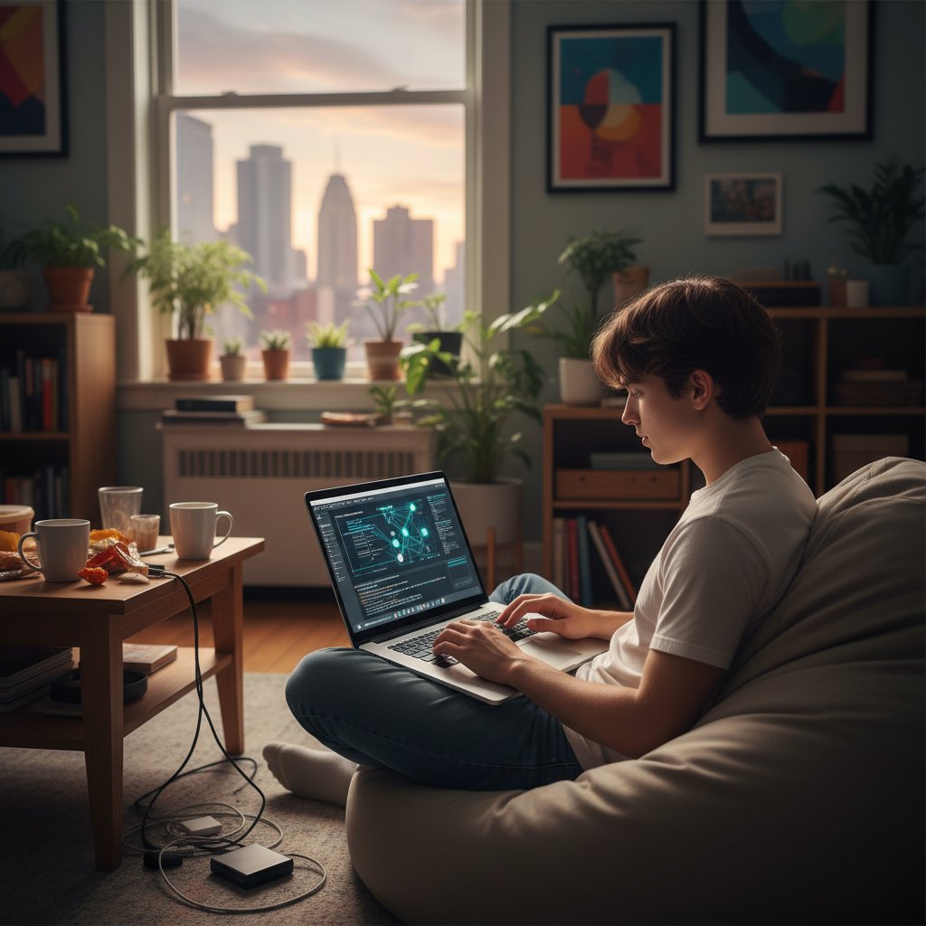 Młoda osoba konfiguruje symulator postaci na laptopie w domowym otoczeniu