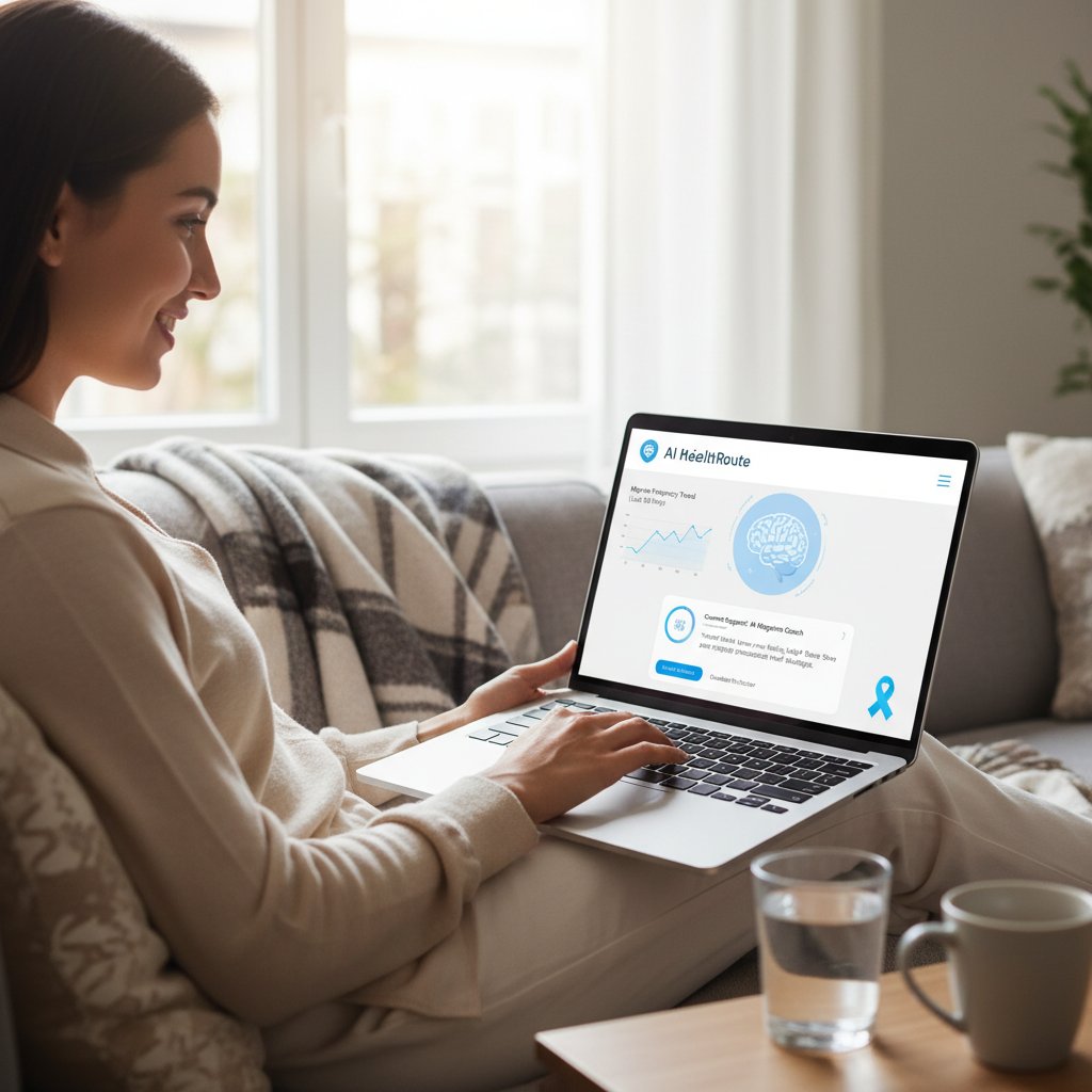 Młoda osoba z laptopem na kolanach, na ekranie aplikacja AI wspierająca w walce z migreną