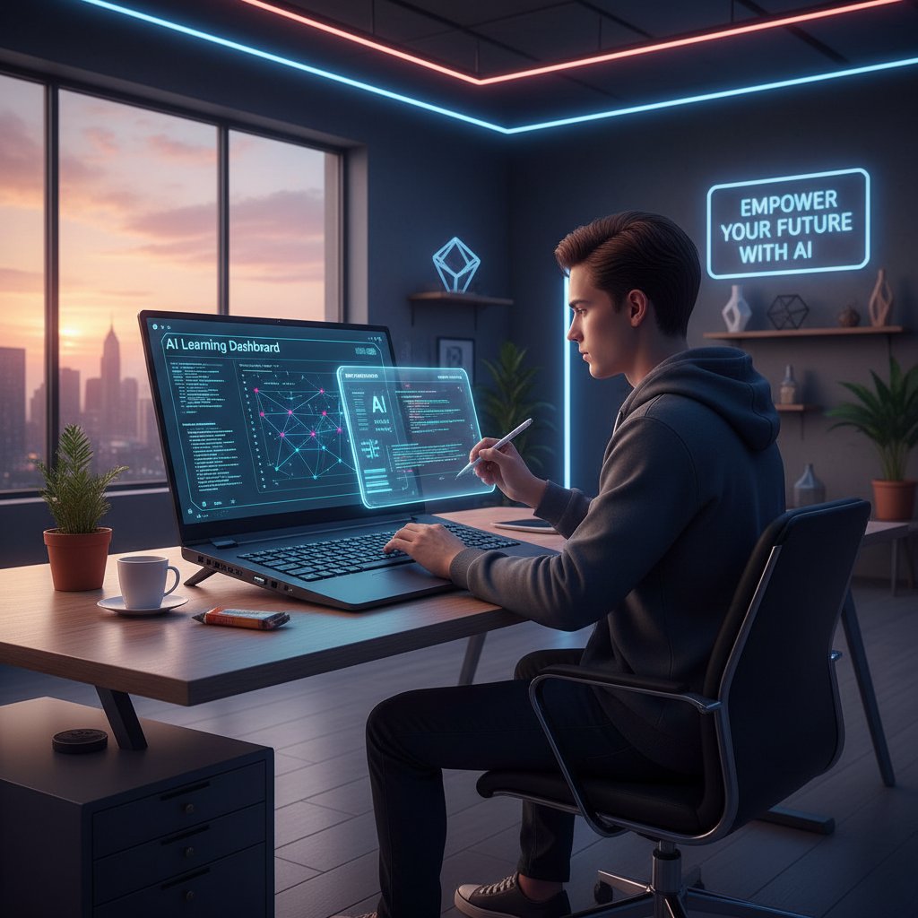 Młoda osoba korzystająca z laptopa podczas nauki przez AI, nowoczesne otoczenie, motywacja