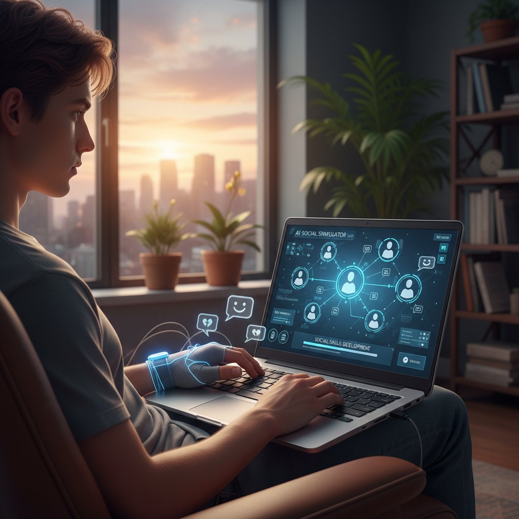 Młoda osoba korzystająca z laptopa podczas symulacji AI rozwijającej umiejętności społeczne