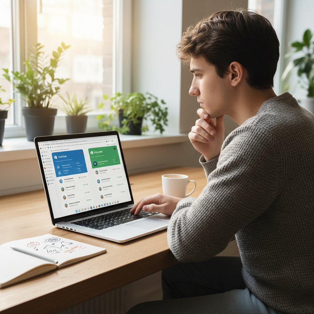 Młoda osoba analizująca opcje na laptopie, plansze z porównaniem różnych aplikacji