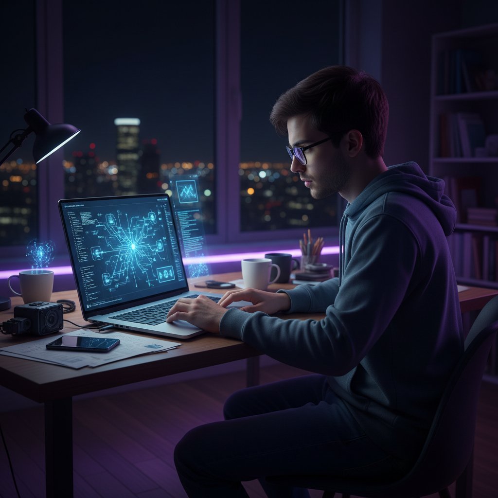 Młoda osoba rozmawiająca z AI na laptopie, rozmowa na nudę online, cyfrowe światło