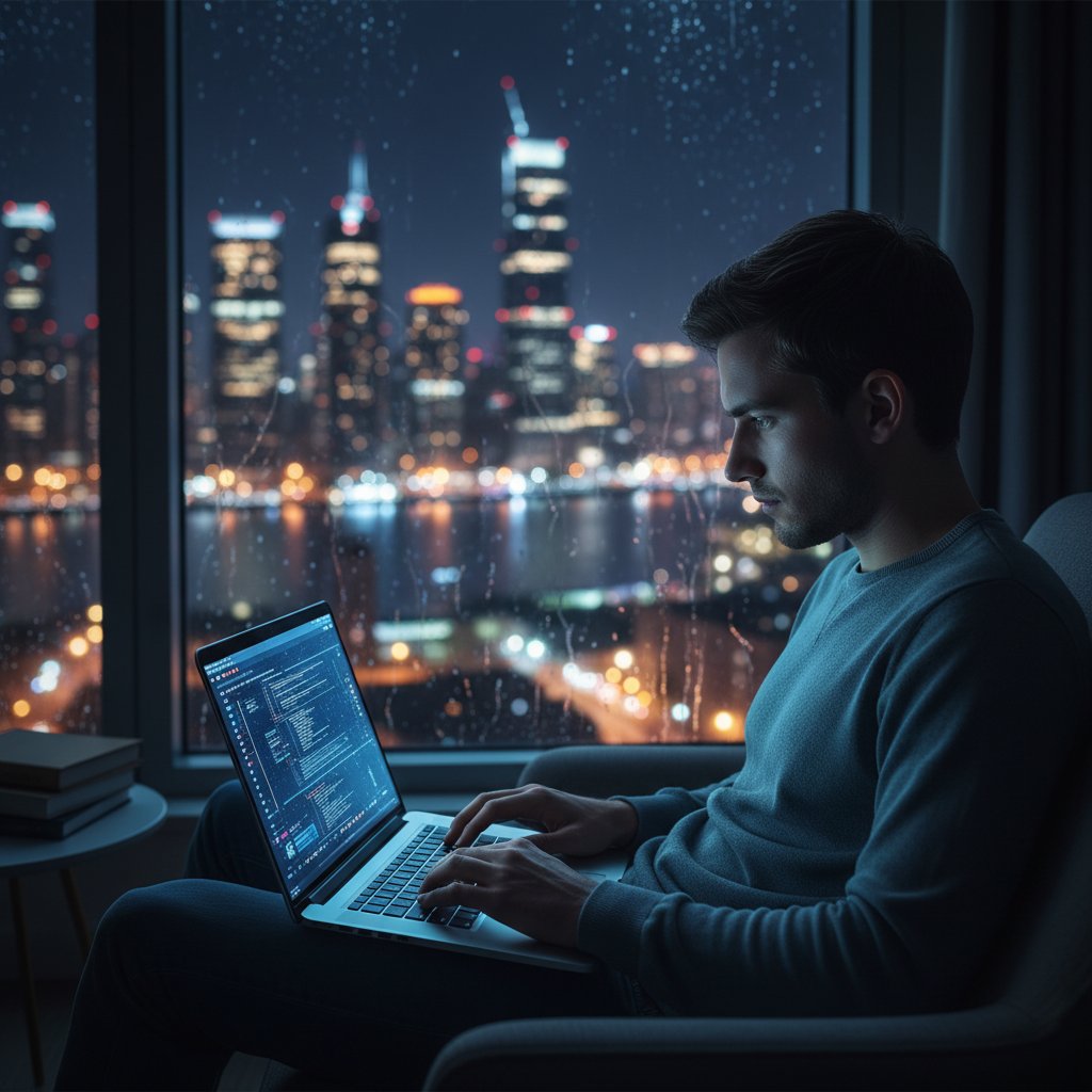 Młoda osoba siedzi samotnie w ciemnym pokoju z laptopem, niebieskie światło ekranu podkreśla atmosferę samotności i portali do rozmów na żywo