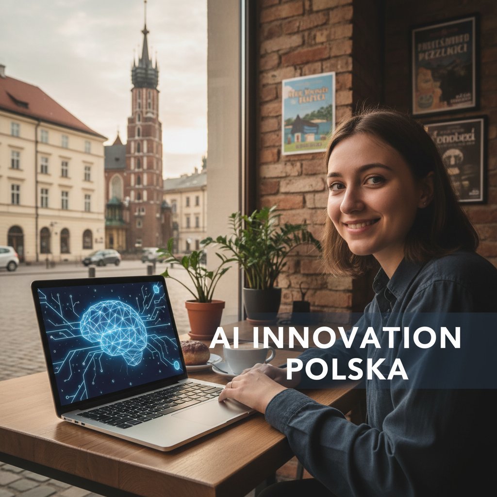 Młoda osoba korzystająca z AI na laptopie w kawiarni w Polsce