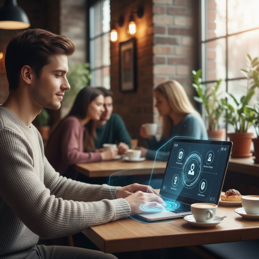 Zdjęcie: młoda osoba z uśmiechem korzystająca z laptopa w kawiarni, poczucie bezpieczeństwa i kontroli nad prywatnością