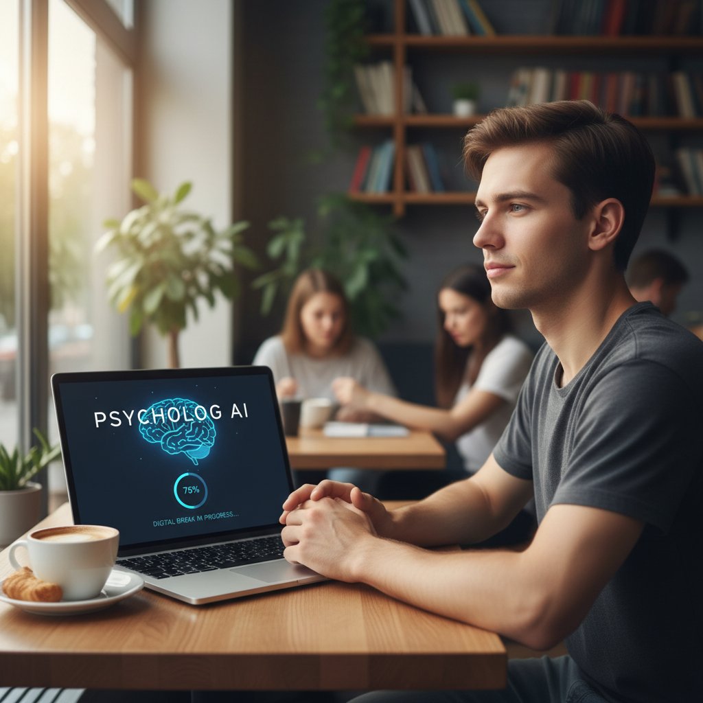 Młoda osoba korzystająca z laptopa w kawiarni, widoczne okno aplikacji psycholog.ai, cyfrowe wsparcie, mindful przerwa