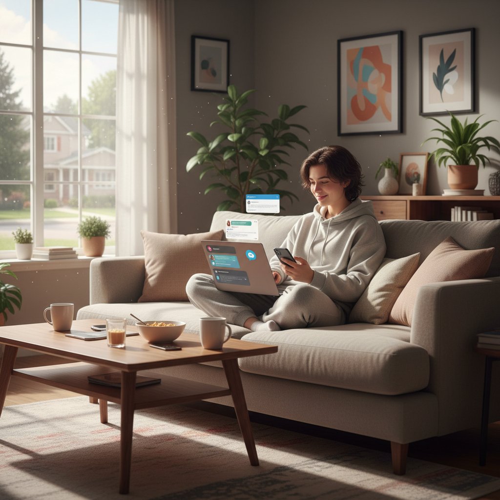 Zdjęcie młodej osoby wybierającej platformę do rozmów na laptopie w domu, ekran z kilkoma otwartymi aplikacjami