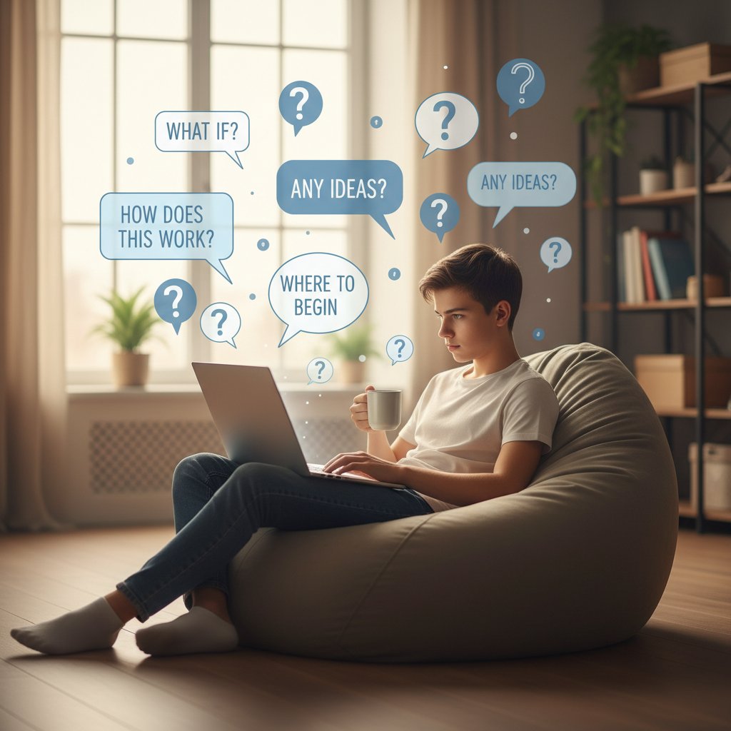 Młoda osoba z laptopem, na ekranie pojawiają się baloniki z pytaniami, temat: jak prowadzić ciekawe pogawędki online