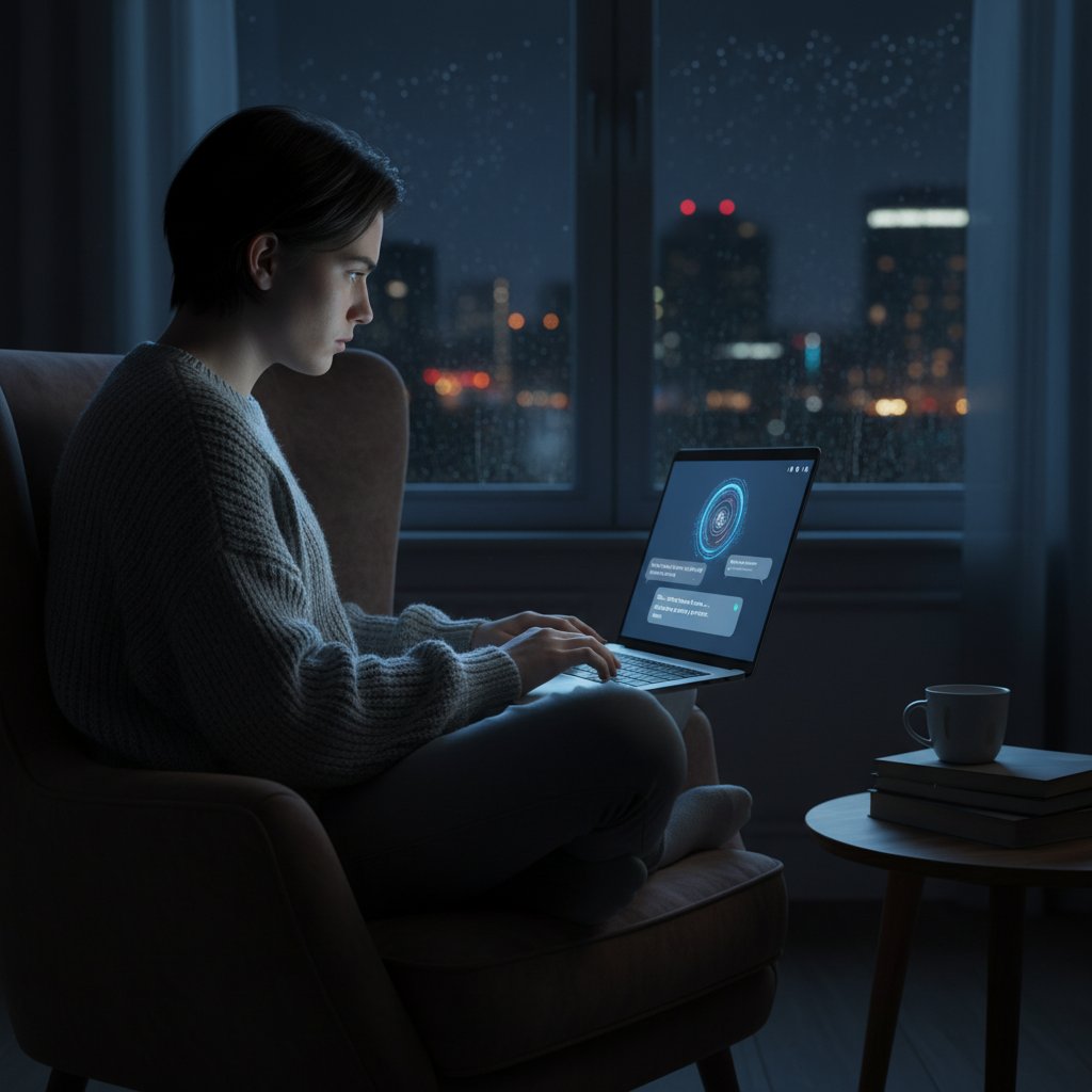 Młoda osoba pytająca chatbota o życiowy wybór, ekran laptopa z wyświetloną odpowiedzią AI