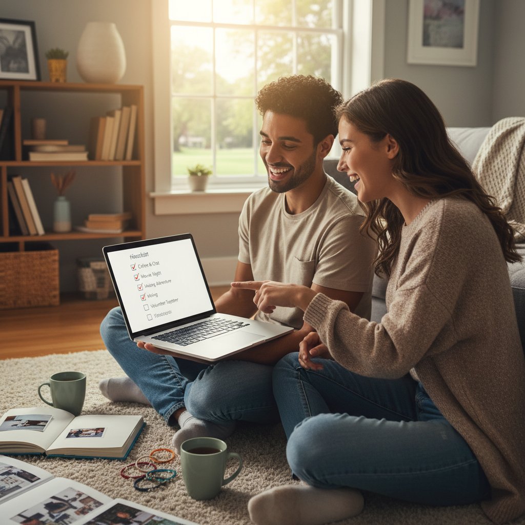 Młoda osoba analizująca checklistę na laptopie przed rozpoczęciem znajomości online