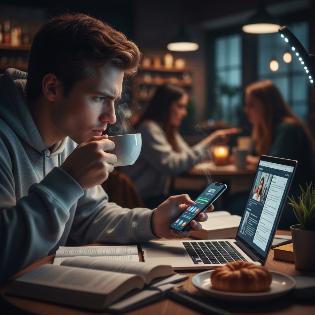 Zdjęcie młodej osoby korzystającej z laptopa, obok smartfonu i kawy, aura intensywnej nauki online