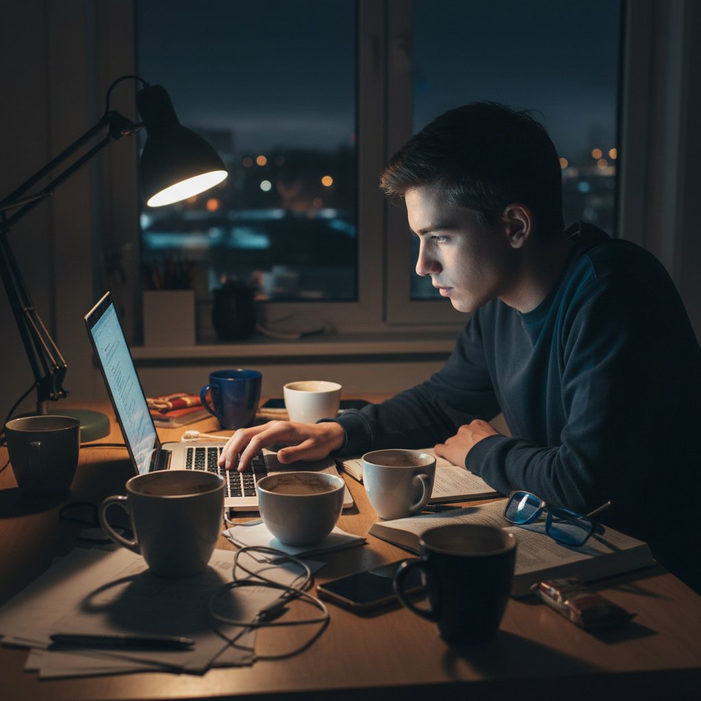 Młoda osoba z laptopem i notatkami, otoczona kubkami z kawą, siedząca przy biurku w środku nocy – symbol eksperymentatora snu polifazowego