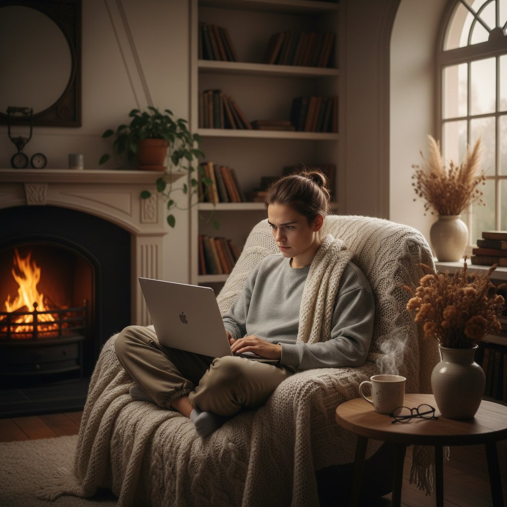 Młoda osoba korzystająca z laptopa w przytulnym wnętrzu, skupiony wyraz twarzy, spokojna atmosfera