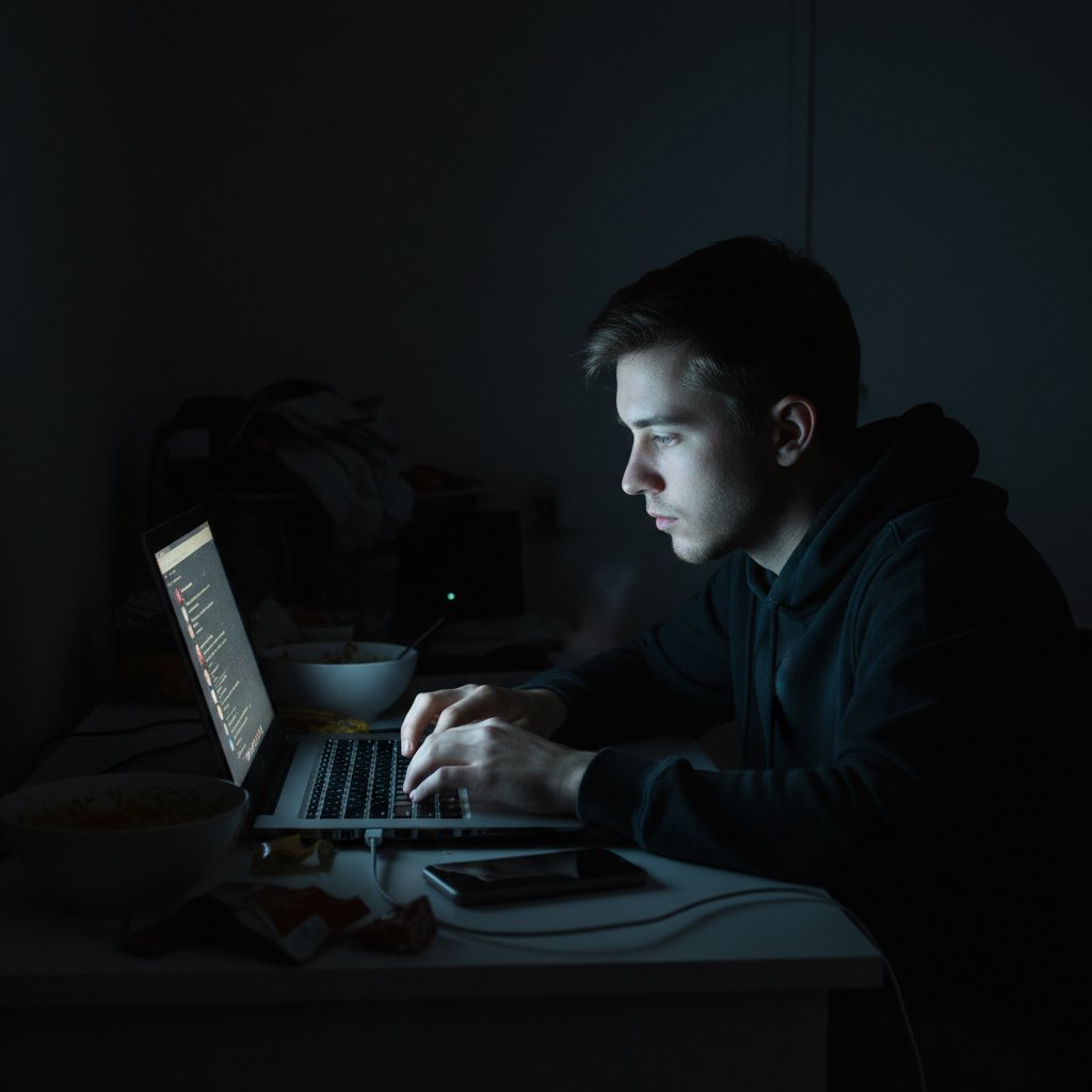 Młoda osoba patrząca smutno w ekran laptopa, otoczona ciemnością pokoju