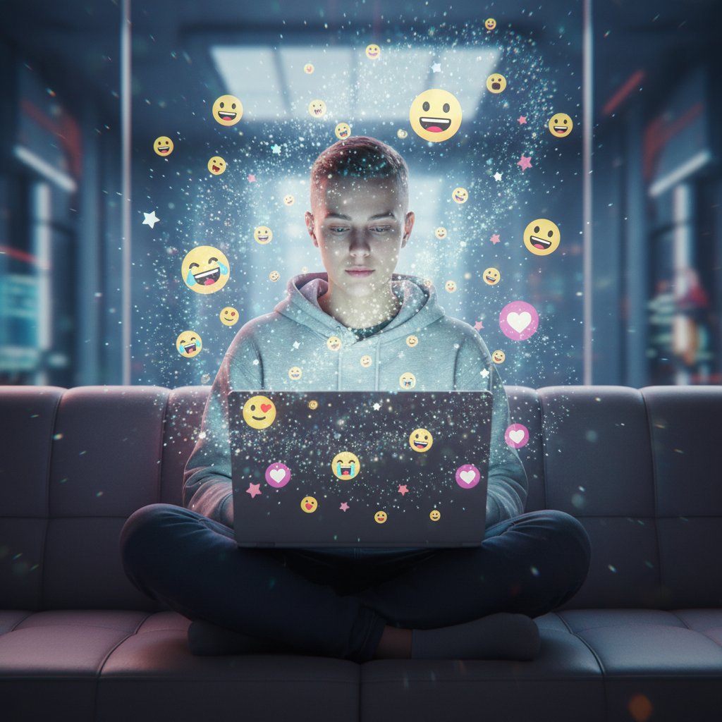 Młody człowiek patrzący z zainteresowaniem na ekran laptopa, wokół cyfrowe ikony emocji, symbol transformacji empatii cyfrowej