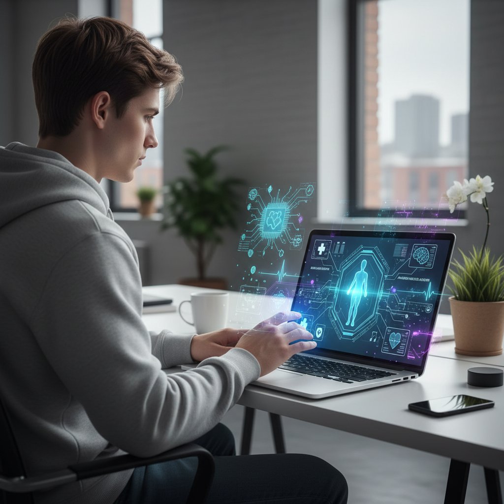 Młoda osoba korzystająca z laptopa, analiza objawów zdrowotnych online, nowoczesne technologie