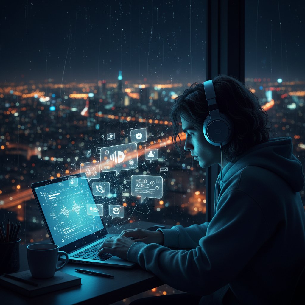 Młoda osoba siedząca przy laptopie nocą, z cyfrowymi dymkami rozmów wokół, symbolizująca rozmowy online