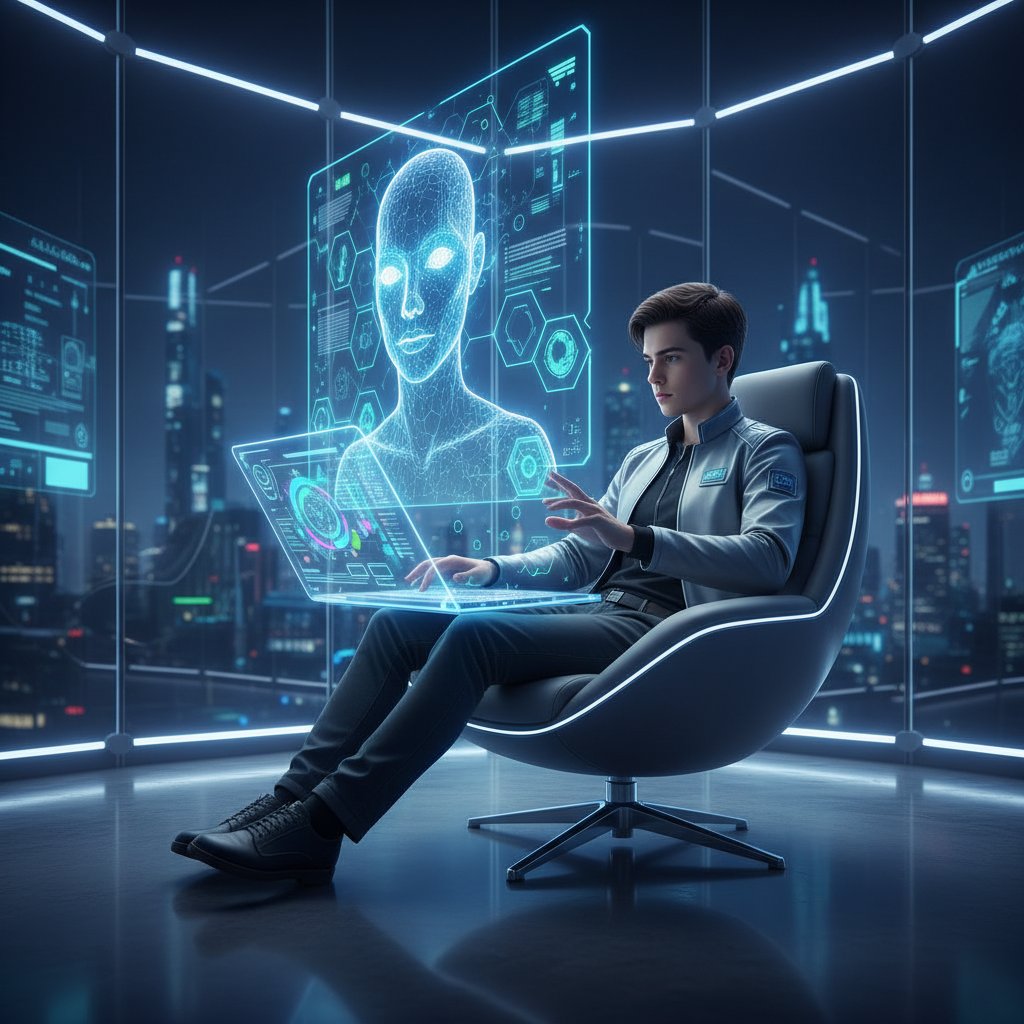 Młoda osoba korzystająca z laptopa, na ekranie interfejs AI, nowoczesne wnętrze