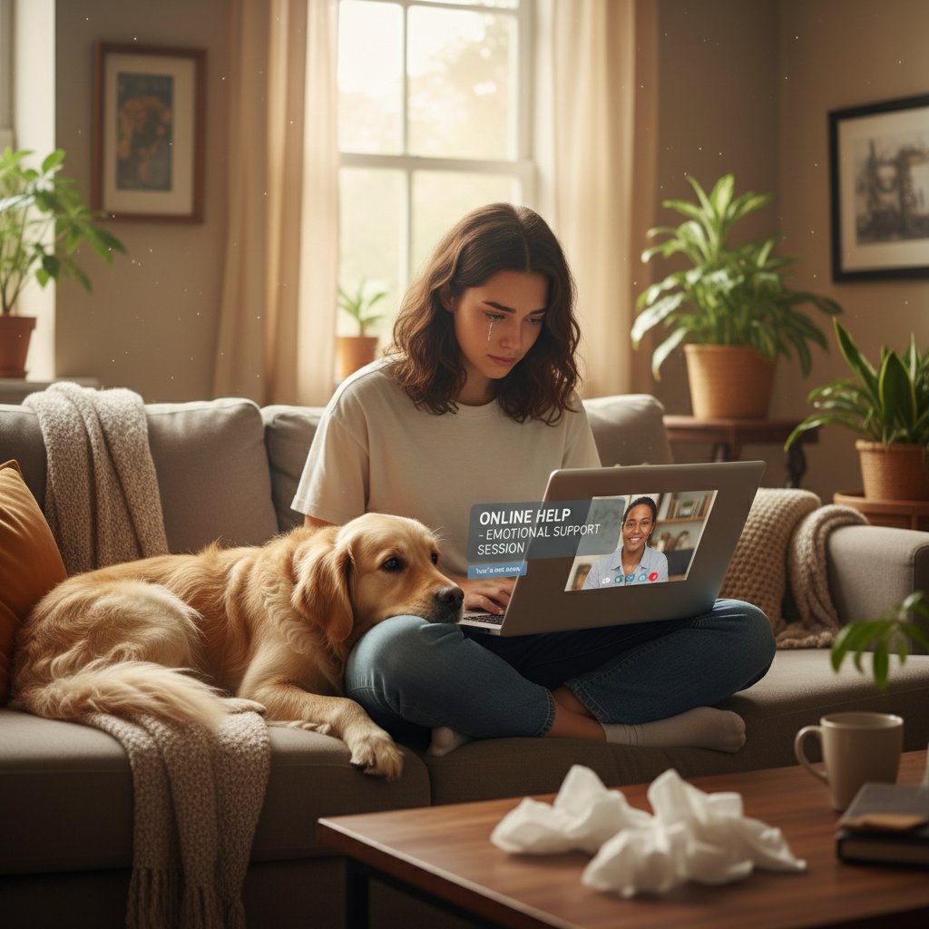 Młoda osoba korzystająca z laptopa, uśmiechnięta, w otoczeniu domowym – symbol nowoczesnego wsparcia online