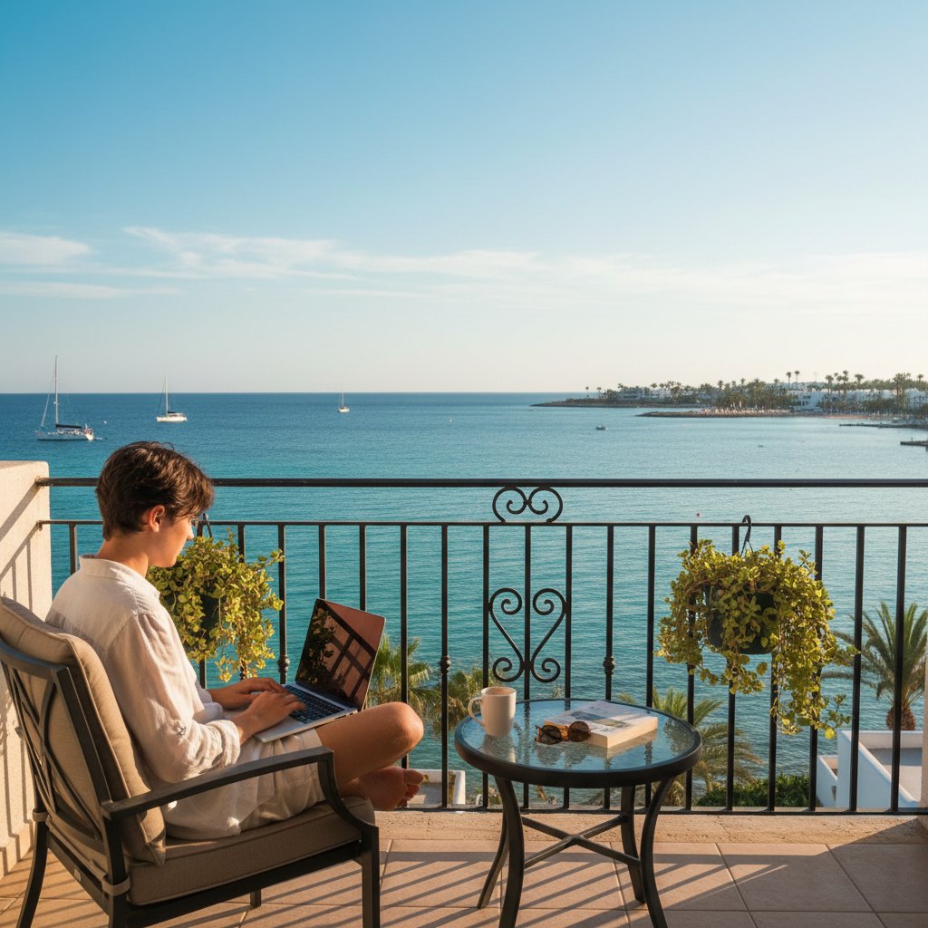 Praca zdalna na balkonie hotelu w Sianożętach z widokiem na morze, hotel sianożęty, remote work, laptop, morze