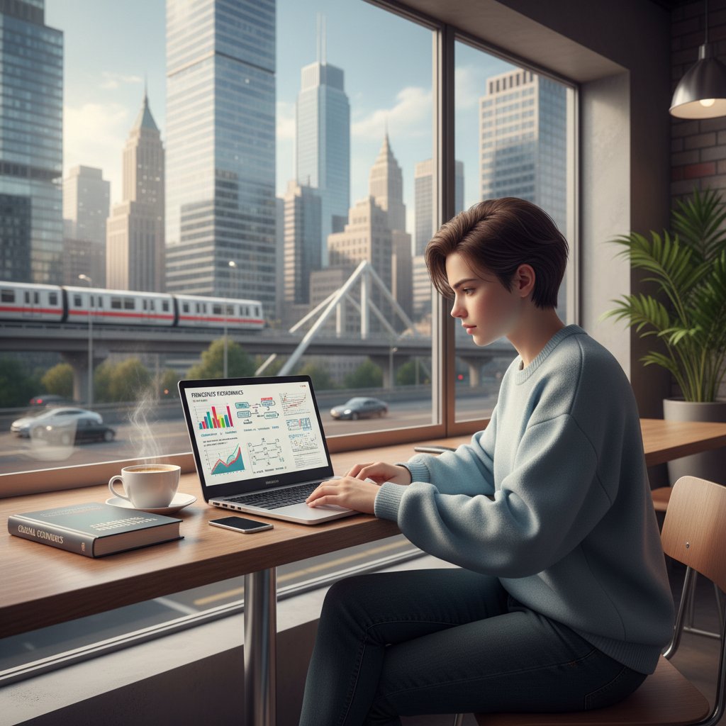 Młoda osoba korzystająca z laptopa do nauki ekonomii online, miejskie tło, klimat nowoczesności