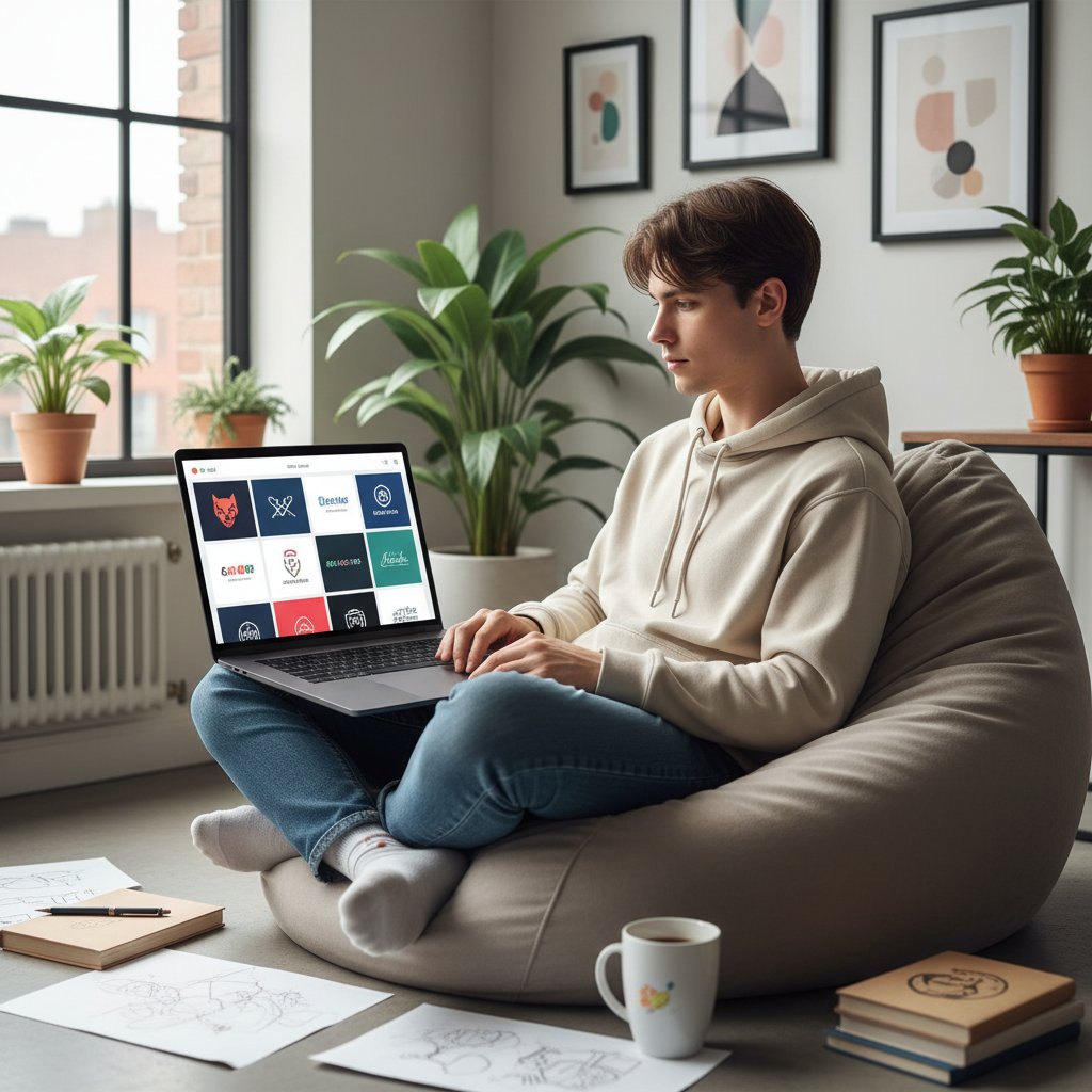 Młoda osoba eksperymentująca z kreatorem logo na laptopie, z wyświetlanymi różnymi szablonami